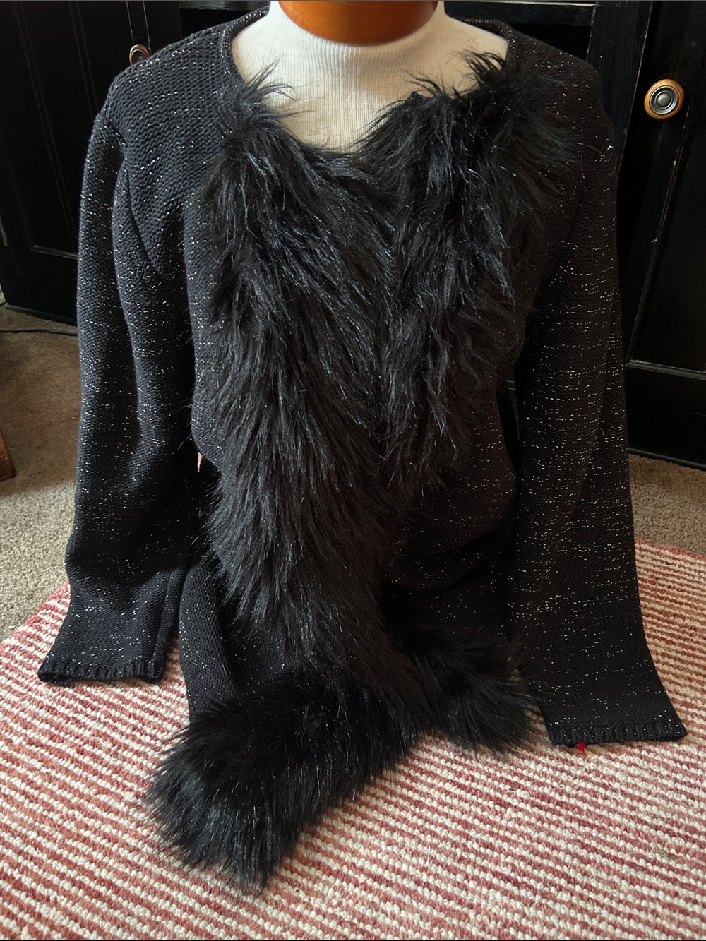 Ruby Rd. Black Sparkle Sweater with Faux Fur Trim